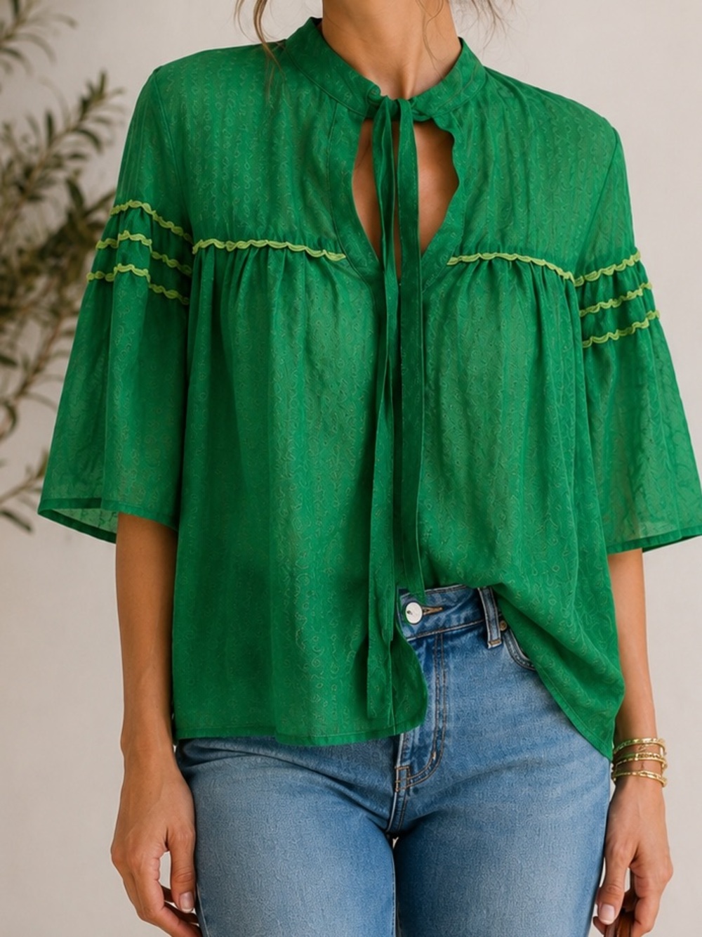 Emerald Green Sheer Boho Blouse Tie Neck Scalloped Trim 3/4 Sleeve